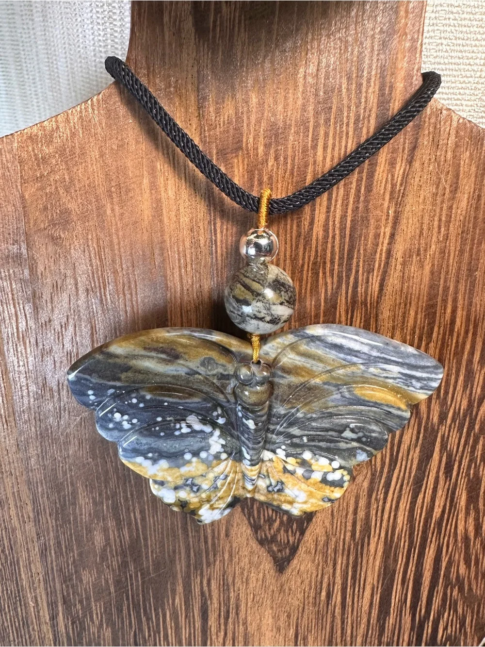 Handcrafted Ocean Jasper Butterfly Pendant Necklace-Green & Gold on Black Rope